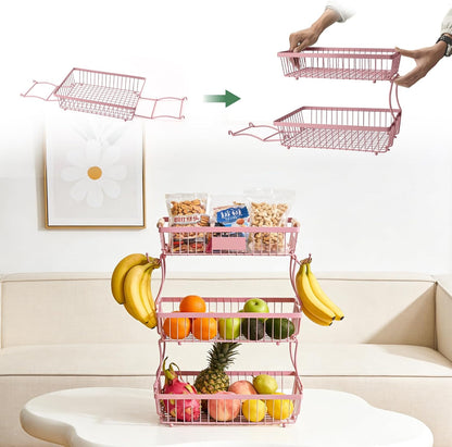 Fruit Basket Bowl 2 Tier Detachable with 2 Banana Hangers, Fruit Stand Holder for Kitchen Countertop, Metal Wire Vegetable Storage Organizer, for Bread Snack Veggies Produce, Black