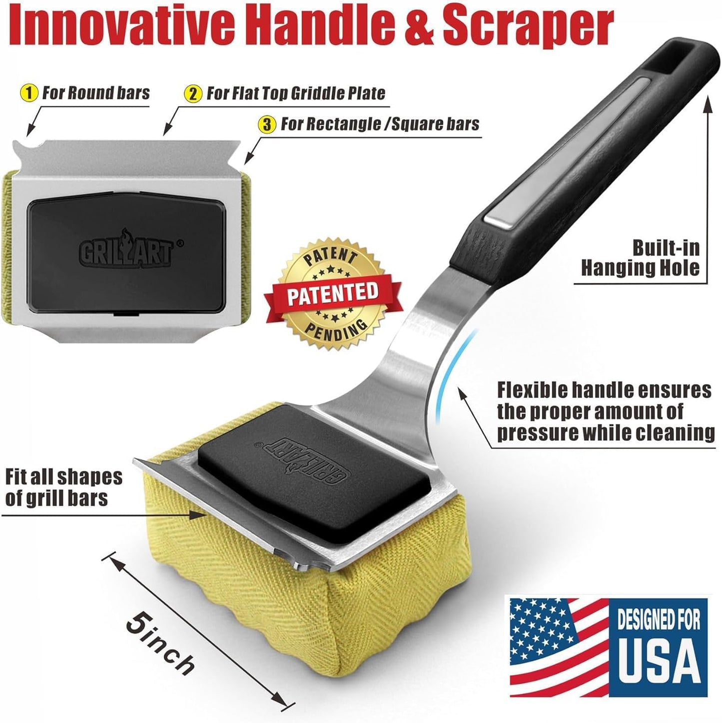 GRILLART Bristle-Free BBQ Grill Brush – Safe & Durable Cleaning Tool for Gas, Charcoal, Cast Iron & Stainless Steel Grates – Heat-Resistant Scraper Brush with Reusable Head & Hanging Loop