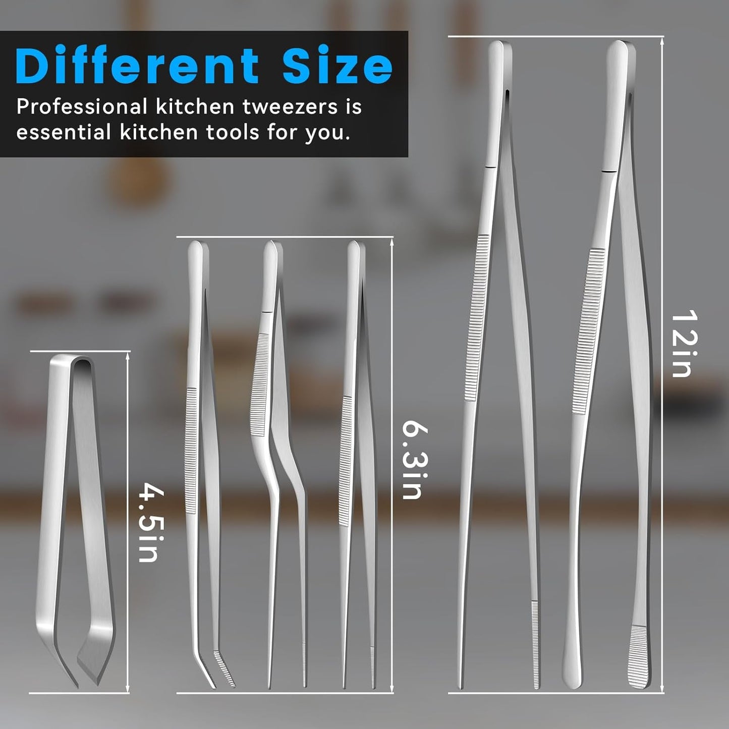 HOTEC Kitchen Tweezers Tongs Stainless Steel Professional Chef Tweezers, Set of 3-6.3", 10" and 12inch Food Tongs for Cooking, Repairing, Dessert, BBQ, Meat, Pasta