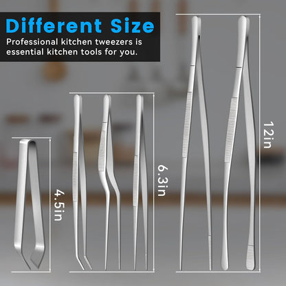 HOTEC Kitchen Tweezers Tongs Stainless Steel Professional Chef Tweezers, Set of 3-6.3", 10" and 12inch Food Tongs for Cooking, Repairing, Dessert, BBQ, Meat, Pasta