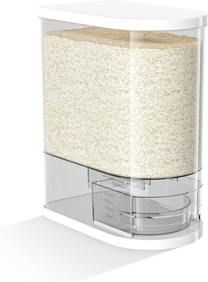 JOYZAN Large Rice Dispenser 22Lbs Clear Rice Storage Container with Measuring Cup and Built-in Fresh Box Cereal Dispenser for Countertop Kitchen Storage