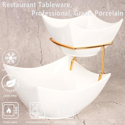 Tiered Serving Bowl Set, Square 2 Tier Chip and Dip Bowls with Stand, for Nuts, Salsas, Food Tray, Ceramic Appetizer Serving Display Stand for Parties, Entertaining