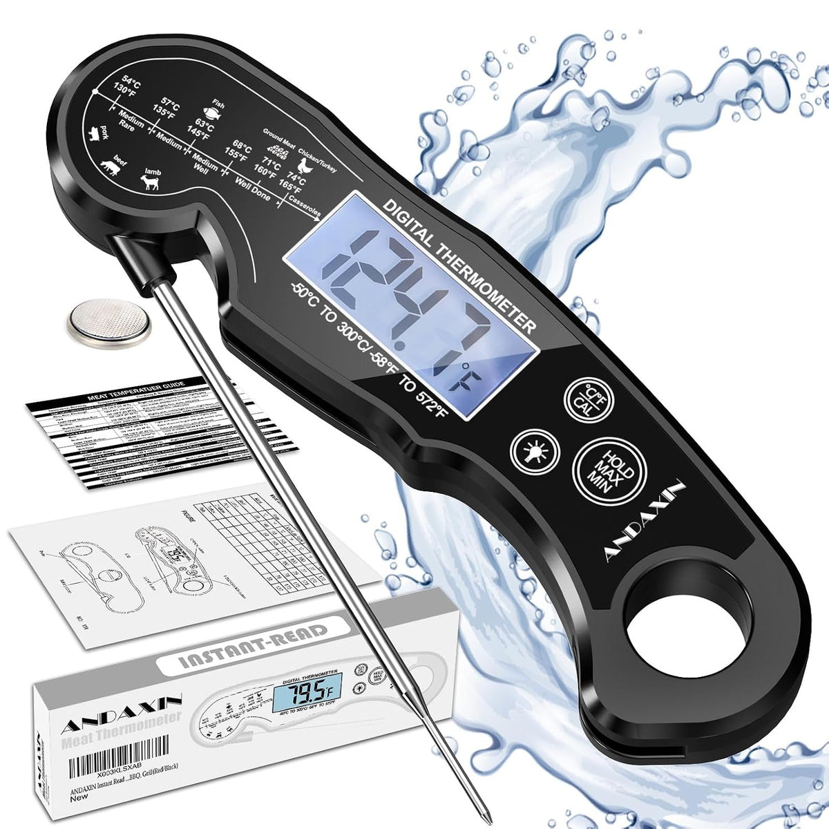 Meat Thermometer Digital for Grilling and Cooking - ANDAXIN Waterproof Ultra-Fast Instant Read Food thermometers with Backlight & Calibration for Kitchen, Deep Fry, BBQ, Grill(Red/Black), LCD
