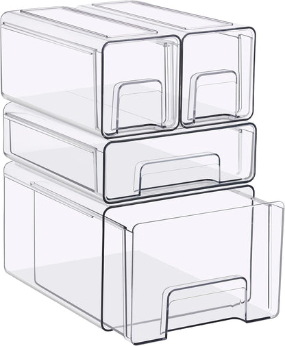 Sorbus Clear Stackable Storage Drawers, 4-Piece Set 1 Large, 1 Medium & 2 Small Pull-Out Plastic Organizer Bins with Handles for Bathroom, Closet, Pantry, Cabinet & Medicine Storage