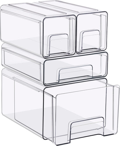 Sorbus Clear Stackable Storage Drawers, 4-Piece Set 1 Large, 1 Medium & 2 Small Pull-Out Plastic Organizer Bins with Handles for Bathroom, Closet, Pantry, Cabinet & Medicine Storage