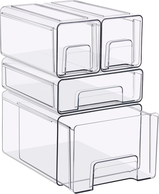 Sorbus Clear Stackable Storage Drawers, 4-Piece Set 1 Large, 1 Medium & 2 Small Pull-Out Plastic Organizer Bins with Handles for Bathroom, Closet, Pantry, Cabinet & Medicine Storage