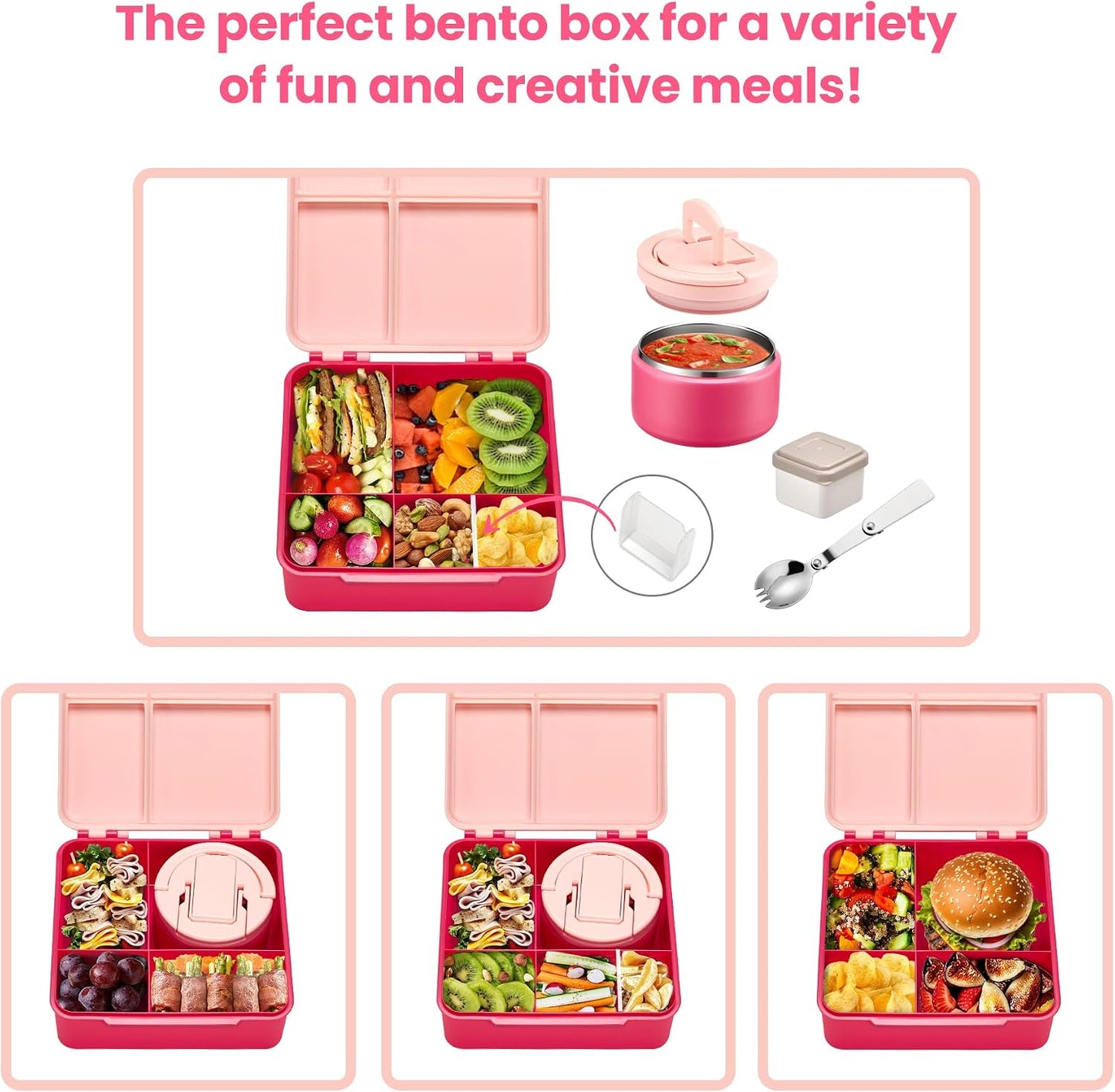 Bento Lunch Box with 8oz Soup Thermo,Kids Leakproof 4 Compartment Lunch Food Containers with Sauce Cup and Ice Pack,Kids Thermo Insulated Hot Food Jar and Lunch Bag for School,Trvael-Black