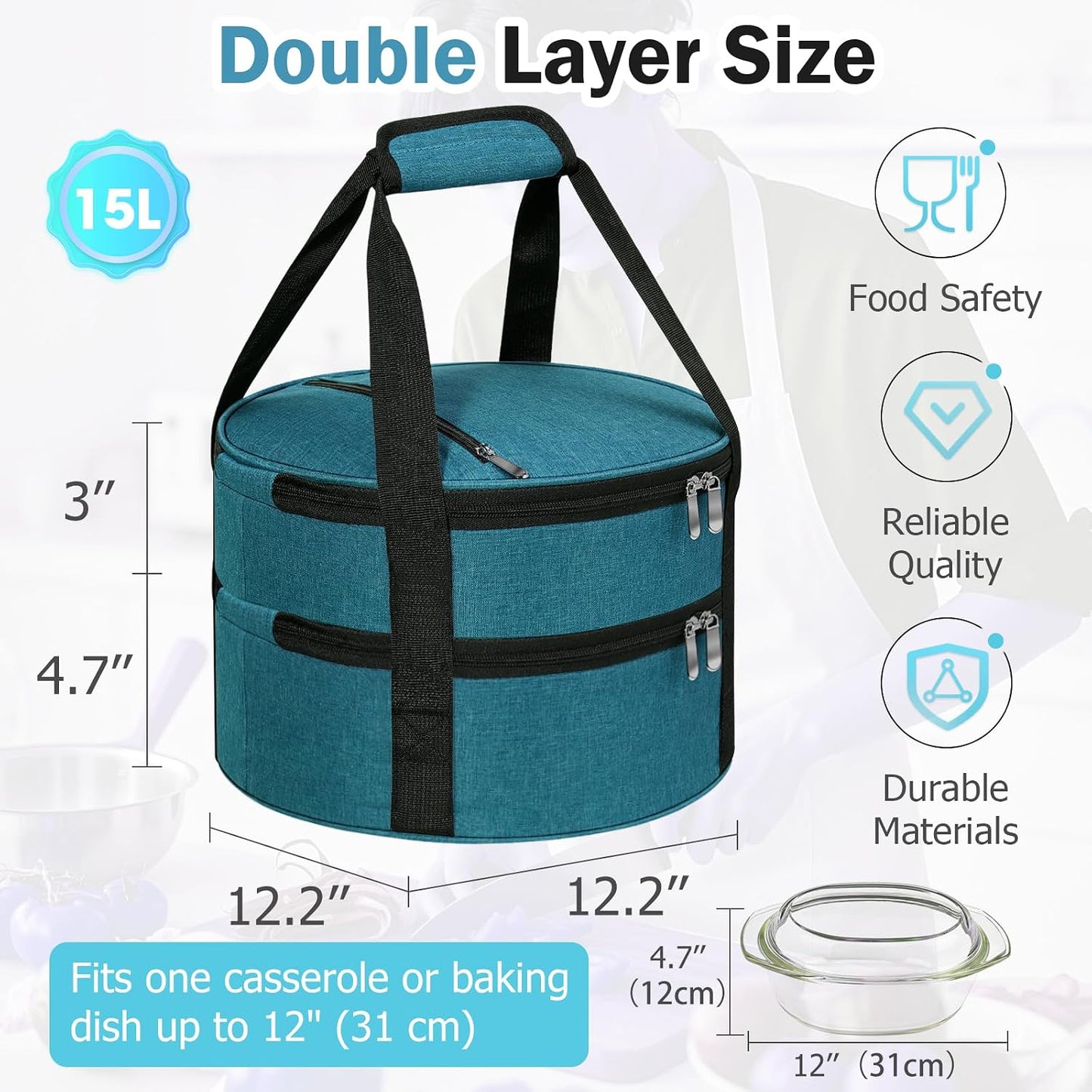 Round Insulated Casserole Carrier – 12" Portable Pie Carrier Bag for Hot or Cold Food, Leakproof Thermal Lunch Tote with Handle for Parties Picnic & Travel - Grey