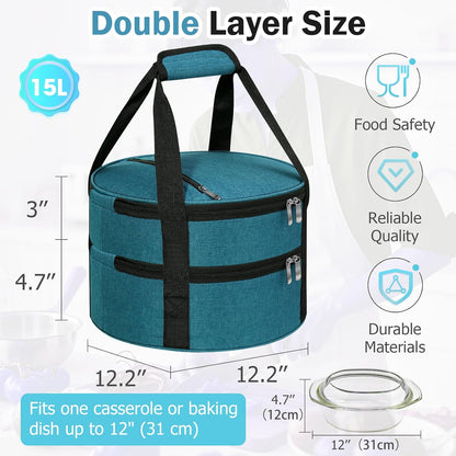 Round Insulated Casserole Carrier – 12" Portable Pie Carrier Bag for Hot or Cold Food, Leakproof Thermal Lunch Tote with Handle for Parties Picnic & Travel - Grey