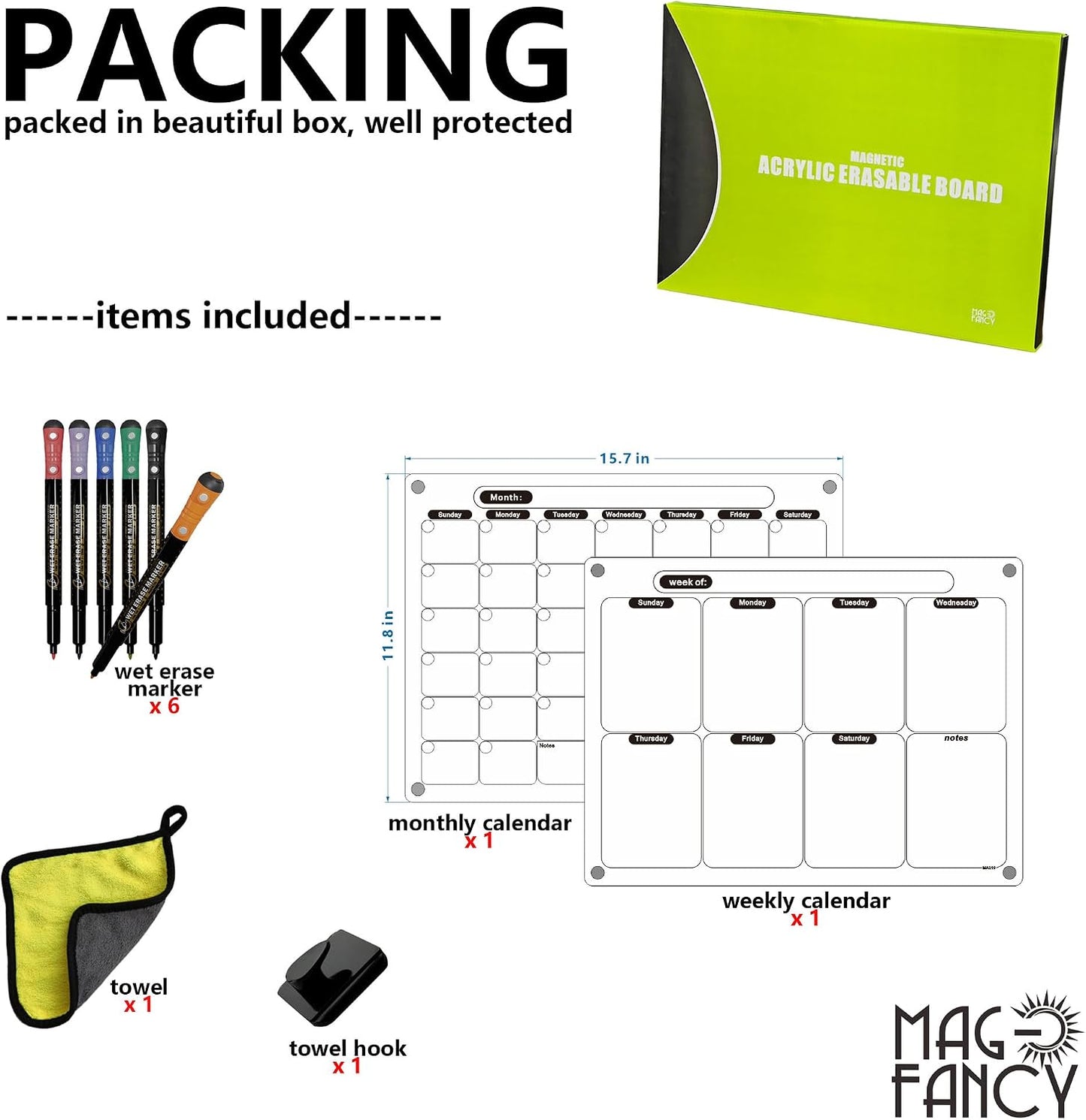 Acrylic Magnetic Calendar for Fridge, Set of 2 Clear Dry Erase Calendar Reusable Planning Boards Monthly & Weekly Black, with Wet Erasable Markers 16" x 12" inches