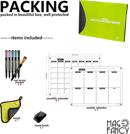 Acrylic Magnetic Calendar for Fridge, Set of 2 Clear Dry Erase Calendar Reusable Planning Boards Monthly & Weekly Black, with Wet Erasable Markers 16" x 12" inches