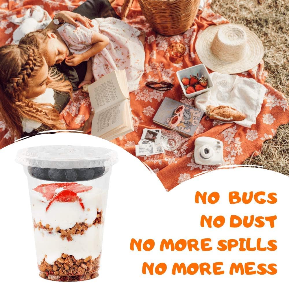 Aatriet Clear Plastic Parfait Cups with Insert &Lids No Hole - Yogurt Fruit Parfait Cups for Kids, for Dips and Veggies, Take Away Breakfast and Snacks. No Leaking (12oz. flat, 50sets)