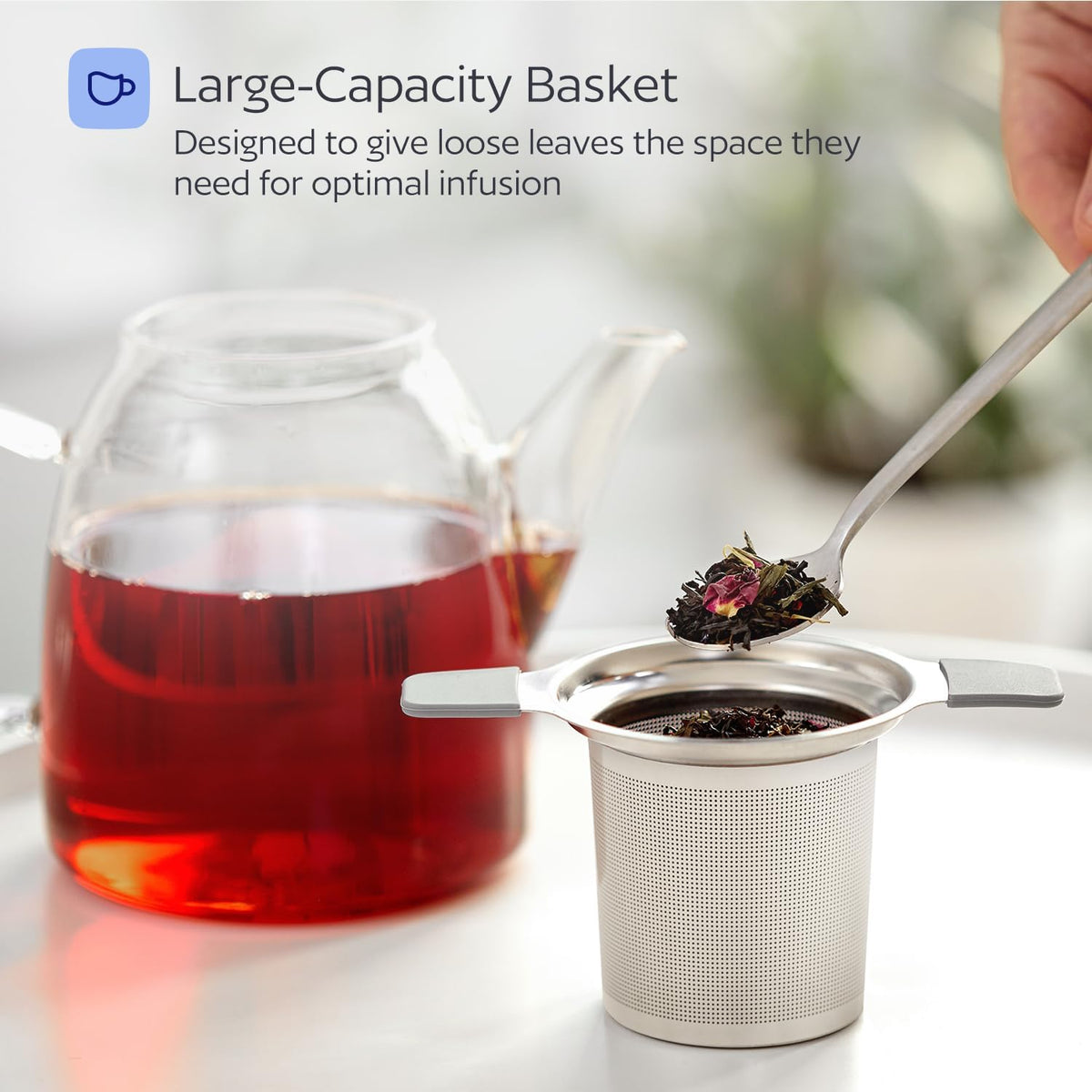 Stainless Steel Tea Infuser for Loose Leaf Tea – Extra Fine Mesh Strainer with Heat Proof Double Handles & Lid, Reusable Filter Fits Mugs, Cups & Teapots, Black