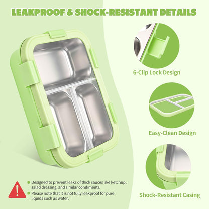 Kids Stainless Steel Bento Box, 3 Compartments Leakproof Lunch Box, Portable Food Storage Containers with Silicone Lids BPA-Free for Office, Picnics, Travel, Blue