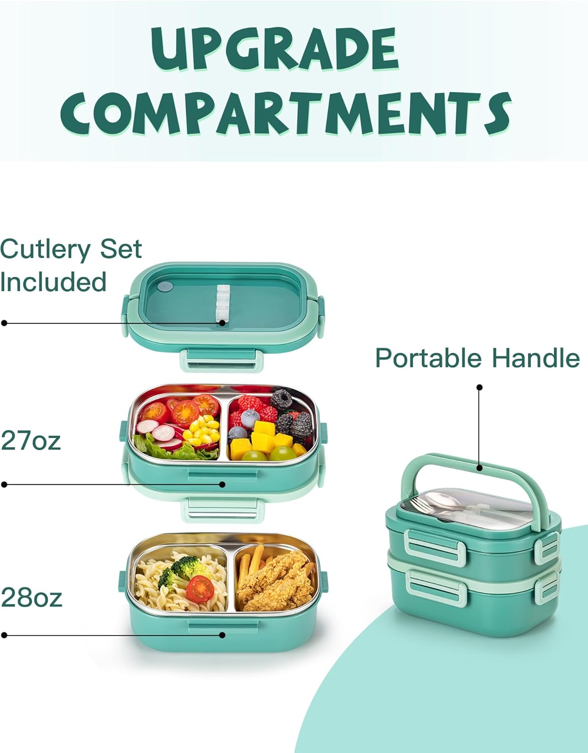 Lille Home 28oz Stainless Steel Leakproof 2-Compartment Bento Lunch Box/Portion Control Food Container with Lunch Bag and Cutlery Set, BPA Free (pink)