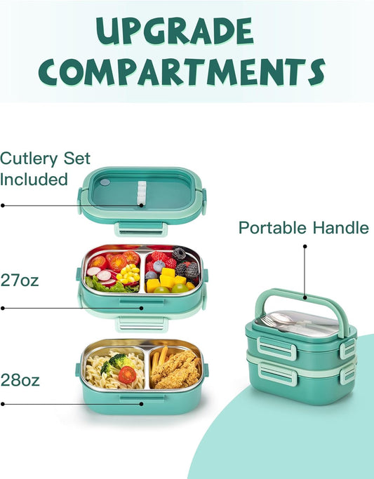 Lille Home 28oz Stainless Steel Leakproof 2-Compartment Bento Lunch Box/Portion Control Food Container with Lunch Bag and Cutlery Set, BPA Free (pink)