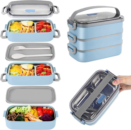 Stainless Steel Bento Box for Adults&Kids,Japanese Leakproof Lunch Box Divided Food Meal Storage Containers Set Stackable 2 Layer for Children School Picnic Beige