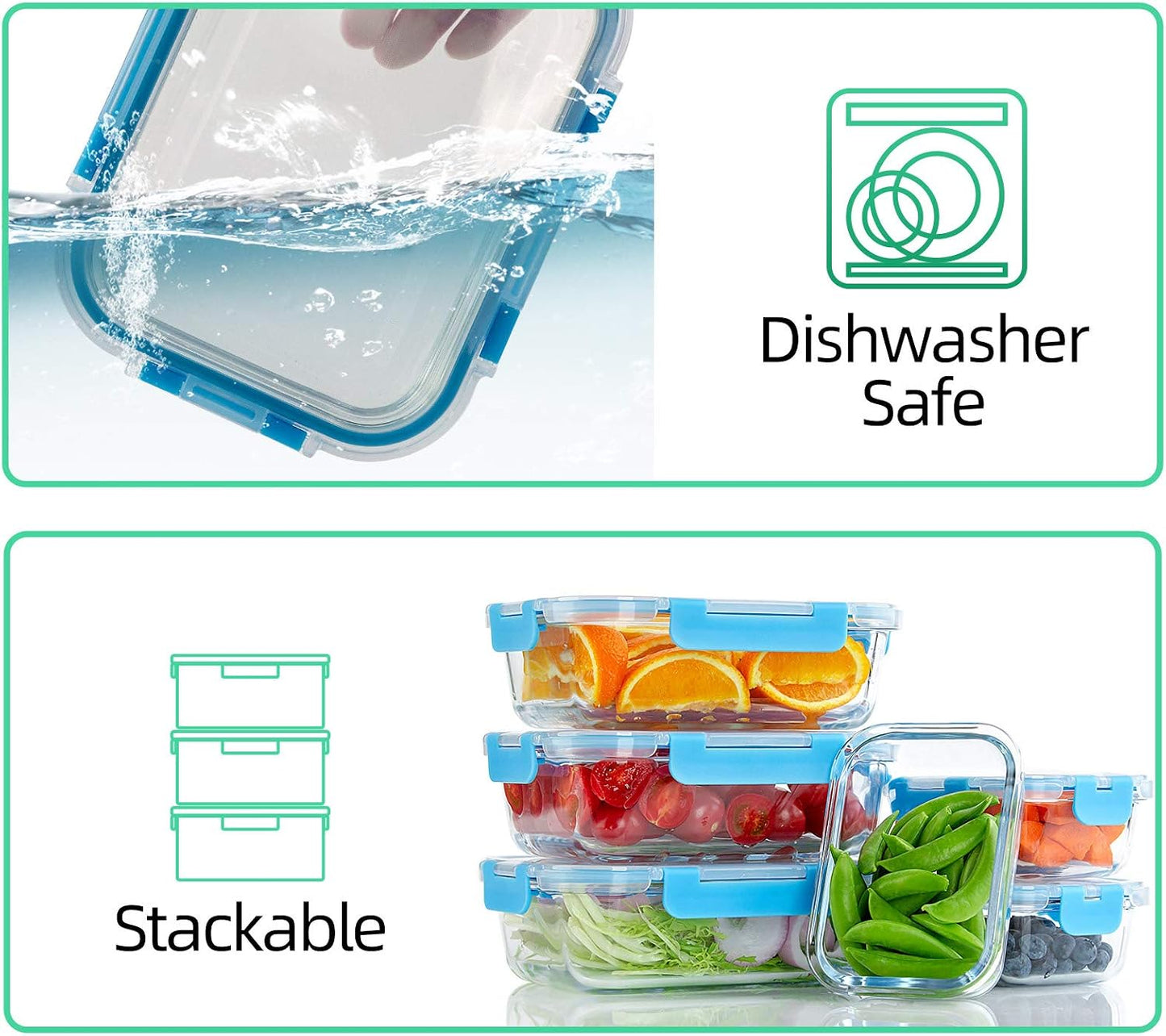UMEIED 10 Pack Glass Food Storage Containers with Lids, Leakproof Airtight Glass Meal Prep Containers For Lunch, On The Go, Leftover, Dishwasher Safe