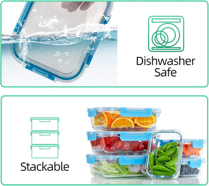 UMEIED 10 Pack Glass Food Storage Containers with Lids, Leakproof Airtight Glass Meal Prep Containers For Lunch, On The Go, Leftover, Dishwasher Safe