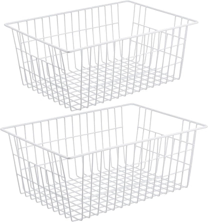 Redrubbit Wire Storage Baskets, Large Farmhouse Metal Freezer Basket Storage Organizer Bins with Handles for Kitchen Cabinets, Pantry, Closets, Bedrooms, Bathrooms, Set of 6, White