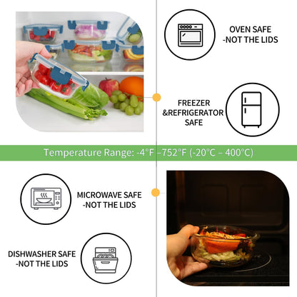 HOMBERKING 18 Piece Glass Food Storage Containers with Lids, Glass Meal Prep Containers, Airtight Lunch Bento Boxes, BPA-Free & Leak Proof, Oven, Freezer and Dishwasher Safe (9 lids & 9 Containers)