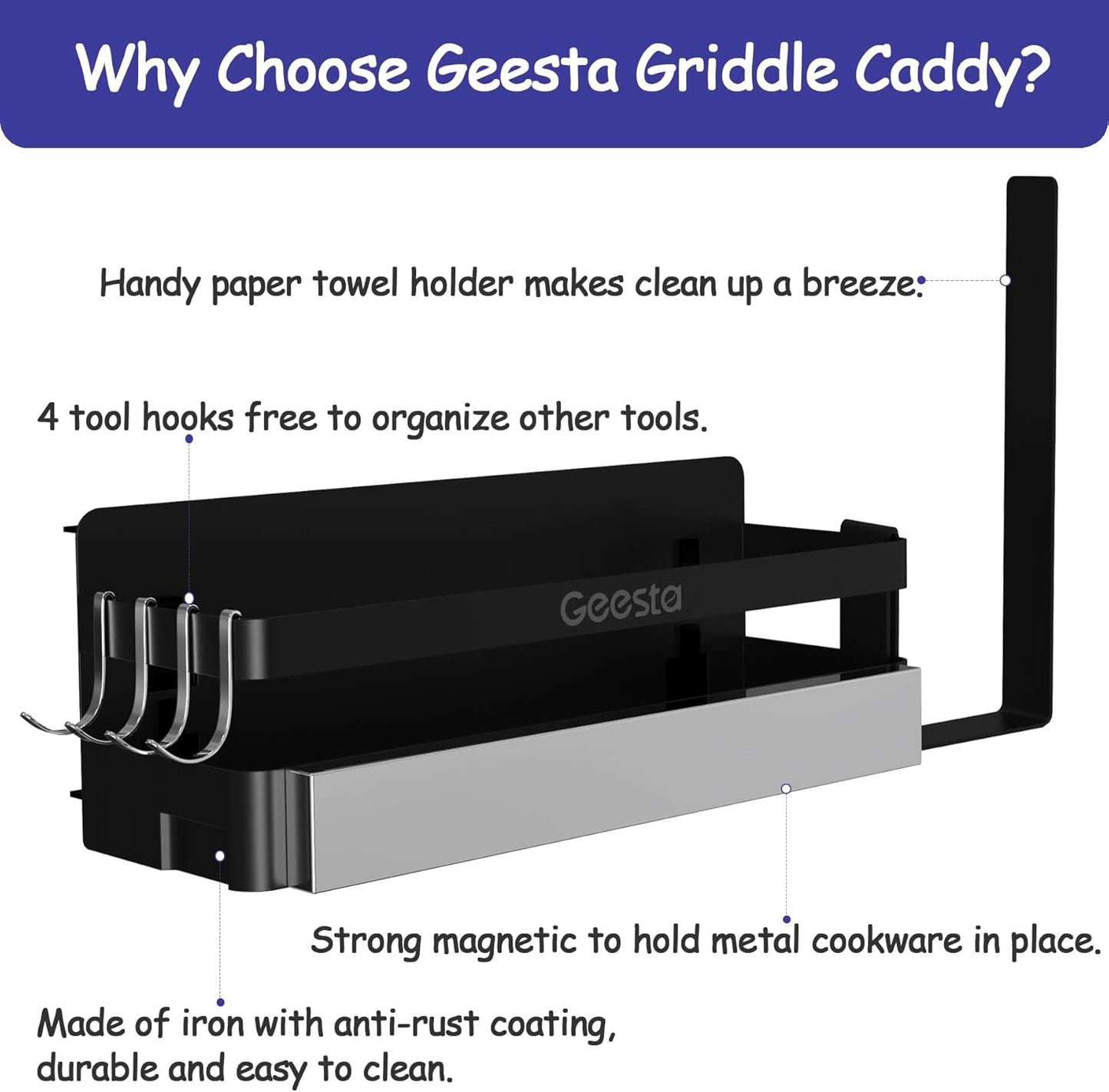 Geesta Upgraded Griddle Caddy for Blackstone 28"/36" Griddles/Weber Grill/Prep Cart, BBQ Grill Accessories Space Saver with Magnetic Tool Holder & Paper Towel Holder