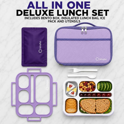 kinsho Lunch Box for Kids Boys Girls - Bento Box Set with Insulated Bag and Ice Pack, 6 Compartment Leak Proof Food Container, BPA-Free, Microwave Safe, Ideal for School & Work, Teal