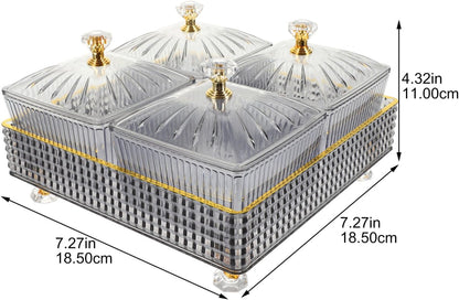Luxshiny 7.28 Inch Snack Platter with 4 Covered Bowls and Tray Divided Serving Plate for Dried Fruit Candy Nuts Party and Home Entertaining Food Storage Bowl