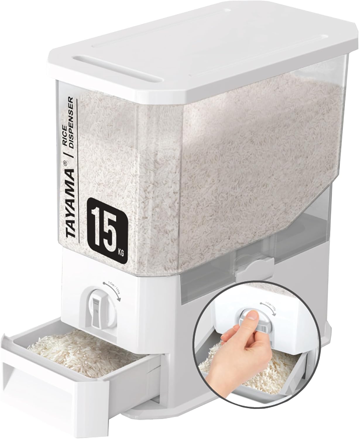 TAYAMA 55 lbs. Capacity Rice Dispenser Grain Storage Container,White