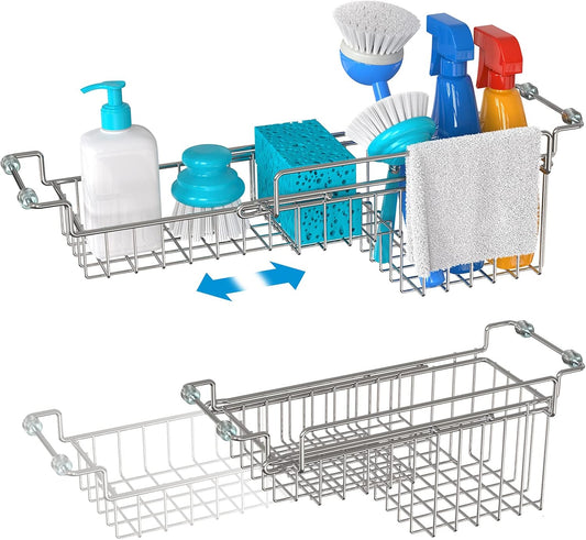 Over The Kitchen Sink Caddy Sponge Holder Organizer Drying Rack Expandable for Sponge Brush Soap Dish Cloth Rag 14.5" to 22", Stainless Steel