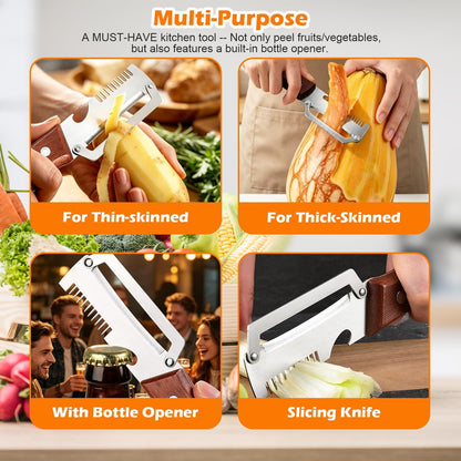 2PCS Multifunctional Vegetable Peeler, 3-in-1 Stainless Steel Vegetable Peeler with Wooden Handle and Bottle Opener, Kitchen Gadgets for Fruit Veggie Potato Pumpkin Apple Carrot