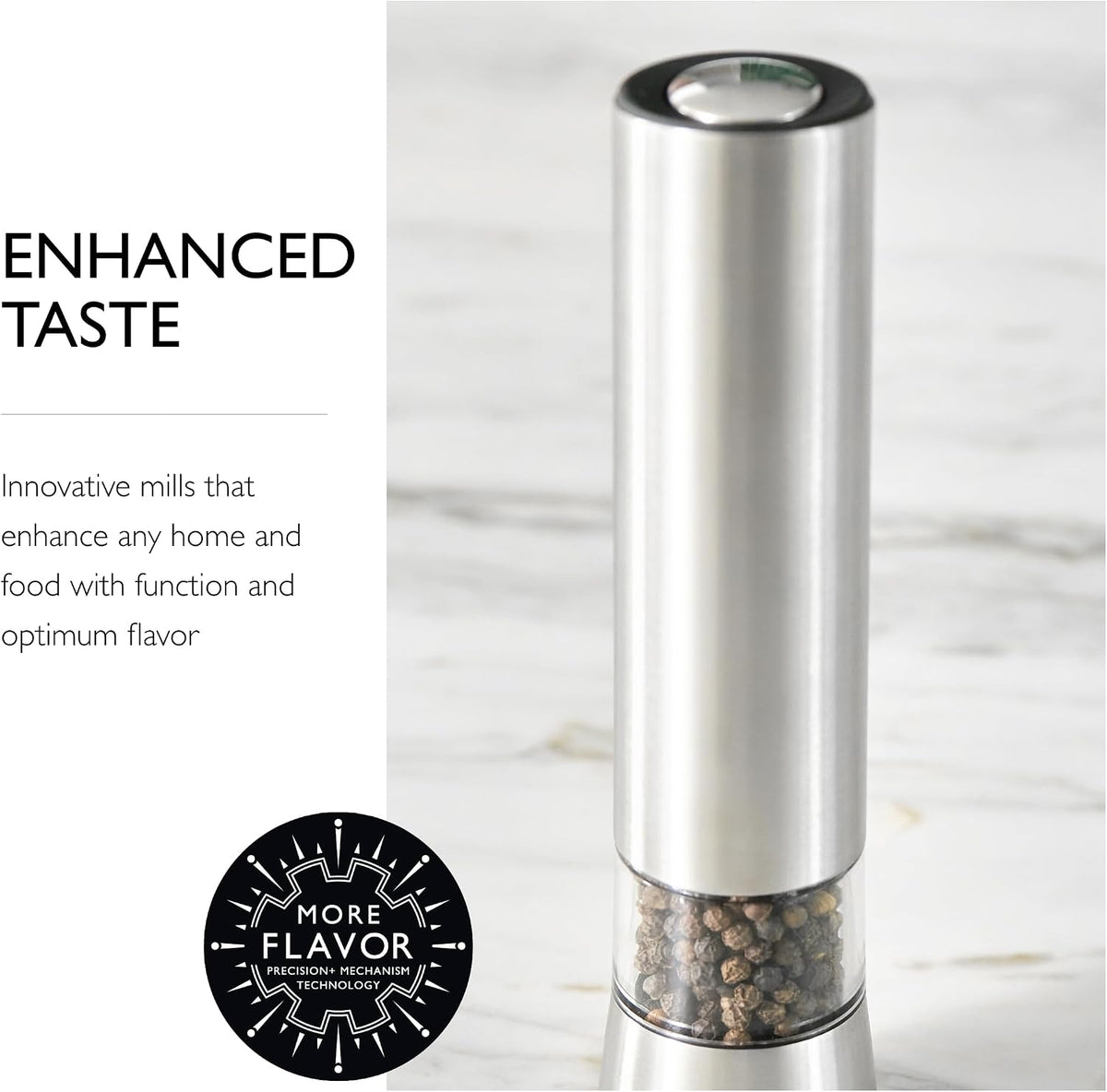 Cole & Mason Hampstead Electronic Pepper Mill - Electric Pepper Grinder Set - Adjustable Electric Spice Grinder - Hand Wash - Stainless Steel