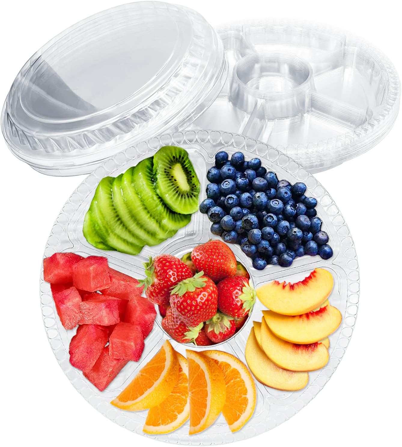 Tiaiidi 12 Pack Plastic Appetizer Trays with Lids,Disposable Compartment Serving Platters,6 Sectional Catering Trays for Serving Food