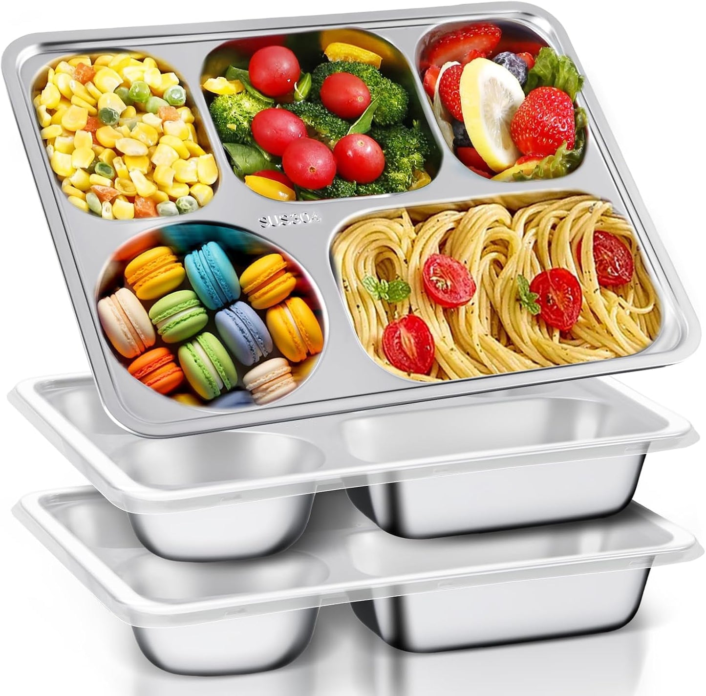 3 Pack Stainless Steel Snack Containers with Lids, 11 x 8.66 In Bento Snack Container with 5 Compartments, Reusable Meal Prep Lunch Trays, Divided Food Storage Container for Home Office Travel