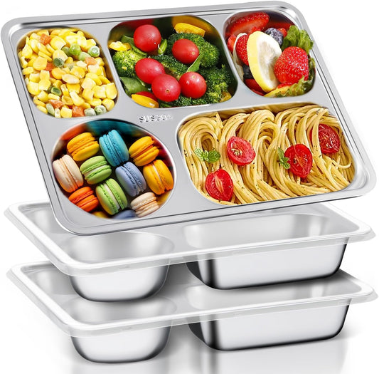 3 Pack Stainless Steel Snack Containers with Lids, 11 x 8.66 In Bento Snack Container with 5 Compartments, Reusable Meal Prep Lunch Trays, Divided Food Storage Container for Home Office Travel