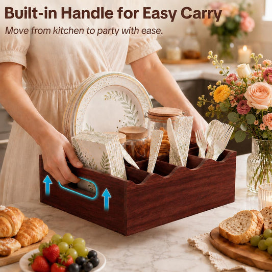 Utensil Holder & Silverware Organizer, Acacia Wood Kitchen Utensil Caddy for Countertop, 6 Compartment Paper Plate Holders & Dispenser, Wooden Cutlery Holder with Handle for Party, Natural Acacia
