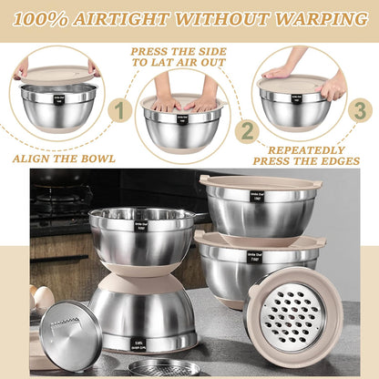 Thickened Heavy-Duty 26pcs Stainless Steel Bowl, Mixing Bowl Set with Lid, Grater Attachment, Non-Slip Bottom and Kitchen Gadget Set, Sizes 7, 4, 2.5, 2.0, 1.5, 1QT, Ideal for Mixing and Serving