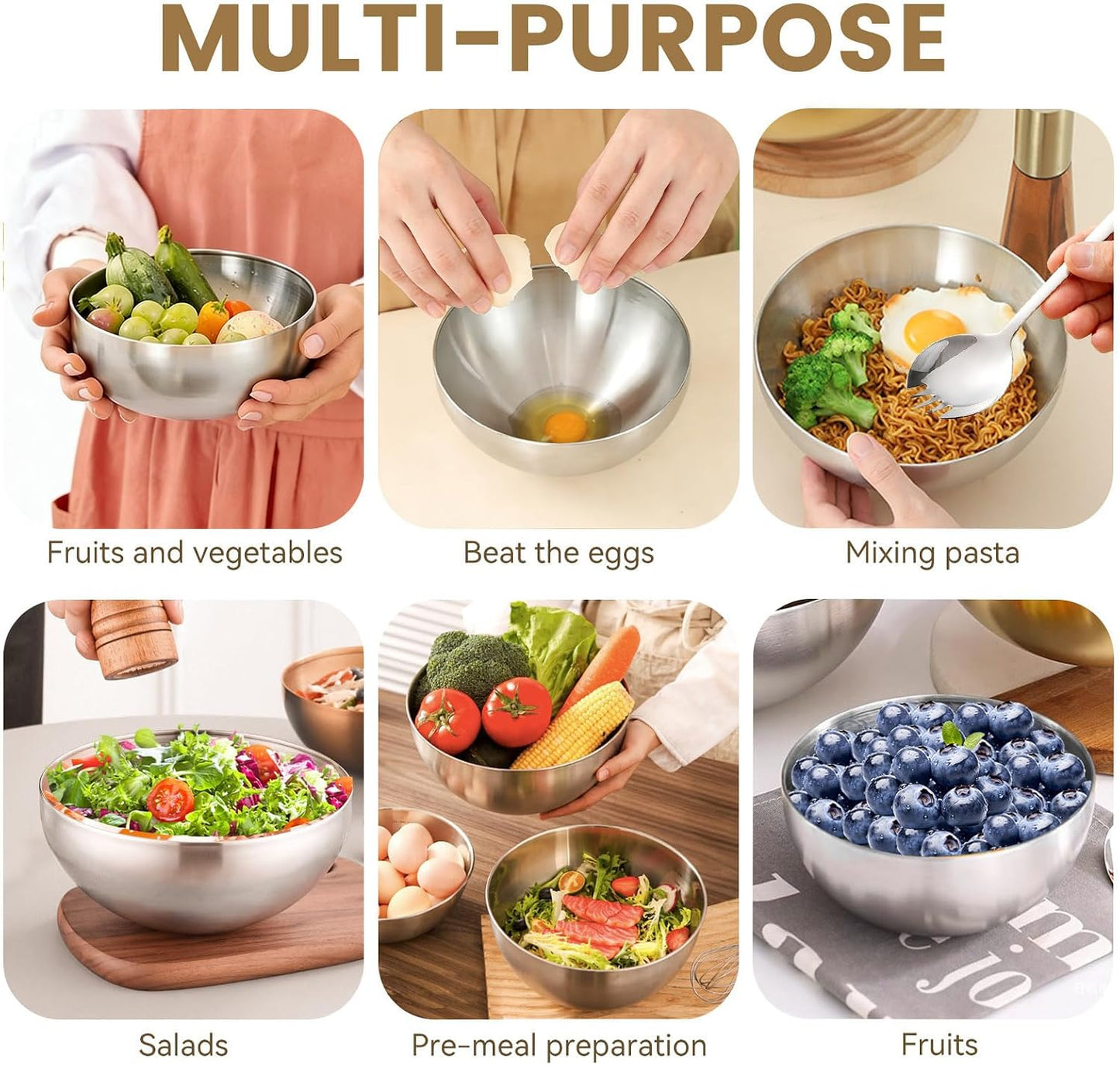 Mixing Bowls, 2 PCS Salad Bowls Set, Stainless Steel Metal Nesting Bowls with Salad Fork, 6 & 8 Inch Fruit Bowls for Cooking, Baking, Prepping, Dishwasher Safe Kitchen Supplies