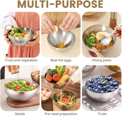 Mixing Bowls, 2 PCS Salad Bowls Set, Stainless Steel Metal Nesting Bowls with Salad Fork, 6 & 8 Inch Fruit Bowls for Cooking, Baking, Prepping, Dishwasher Safe Kitchen Supplies