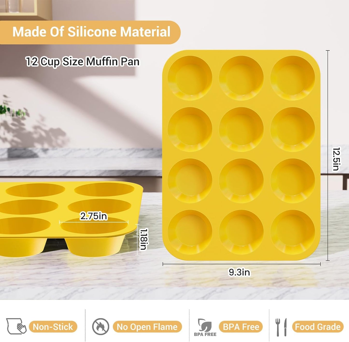 Redfly 2 Pack Silicone Muffin Pans for Baking & Cupcake Pan - 12 Cup Regular Size Silicone Molds, BPA Free Egg Bites Mold