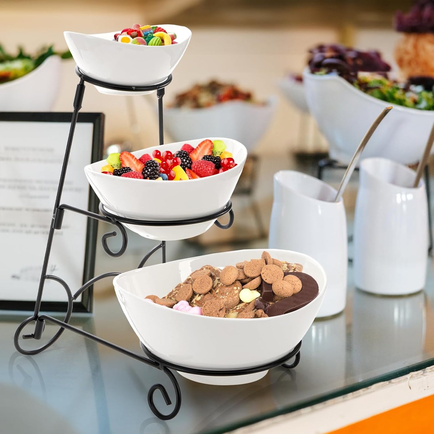 Covzoe 3 Tiered Serving Bowl Stand, Ceramic Chip and Dip Serving Dishes with Collapsible Metal Rack, Appetizer Serving Platters Food Display Stand for Fruit Dessert Parties Entertaining