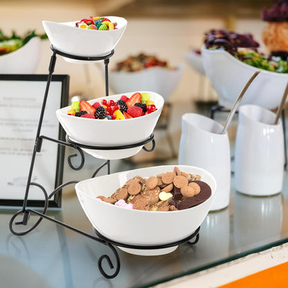 Covzoe 3 Tiered Serving Bowl Stand, Ceramic Chip and Dip Serving Dishes with Collapsible Metal Rack, Appetizer Serving Platters Food Display Stand for Fruit Dessert Parties Entertaining