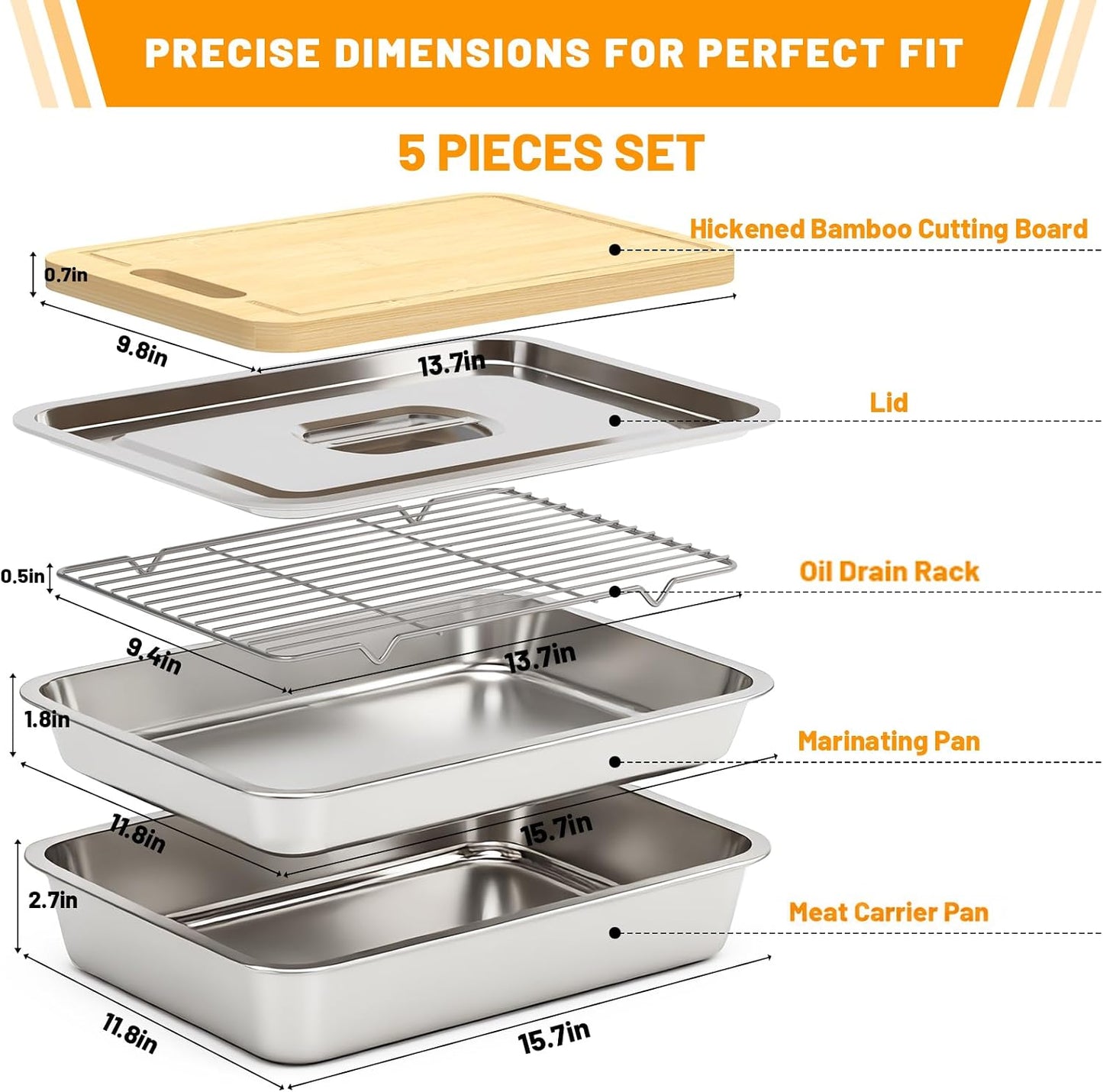 5pcs Grill Prep Trays Sets, Stainless Steel Grilling Prep and Serve Tray, Marinade Container with Lid, Thawing Board, Cutting Board, BBQ Grill Accessories, Grilling Gifts for Mens