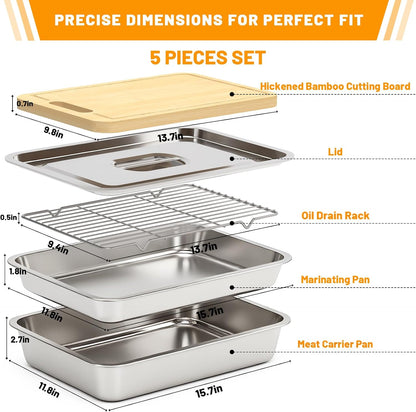5pcs Grill Prep Trays Sets, Stainless Steel Grilling Prep and Serve Tray, Marinade Container with Lid, Thawing Board, Cutting Board, BBQ Grill Accessories, Grilling Gifts for Mens