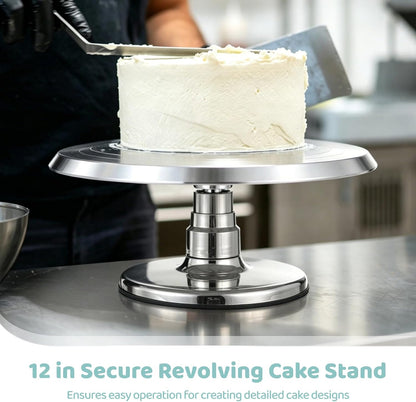 Aluminium Alloy Revolving Cake Stand Set, 12 in Cake Decorating Turntable with Piping Bag, 17 Piping Tips, 3 Plastic Scrapers, Coupler, Non Slip Rotating Platform for Baking and Decorating