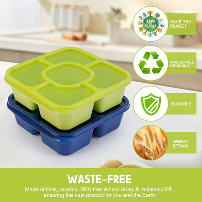Original Lunchable Snack Containers - 5 Compartments Bento Snack Boxes with 1 Leakproof Small Containers, Wheat Straw, BPA-Free, Set of 2 (Bule+Pink)
