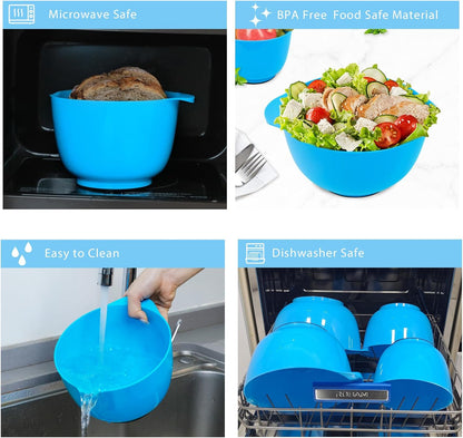 BoxedHome Nesting Plastic Mixing Bowl Set With Pour Spout, Microwave and Dishwasher Safe, BPA free Non-Slip Base, Set of 4 Size 1.7, 2.5, 3.5 and 4.5qt, Great for Prepping, Baking, Cooking (Dark Blue)
