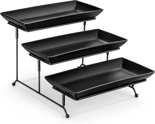 MALACASA 3 Tier Serving Trays for Party, Porcelain Serving Platters and Trays, 12 Inch Tiered Tray Stand, Fruit Tray, Trays for Serving Food, White Dessert Stand with Collapsible Sturdier Metal Rack