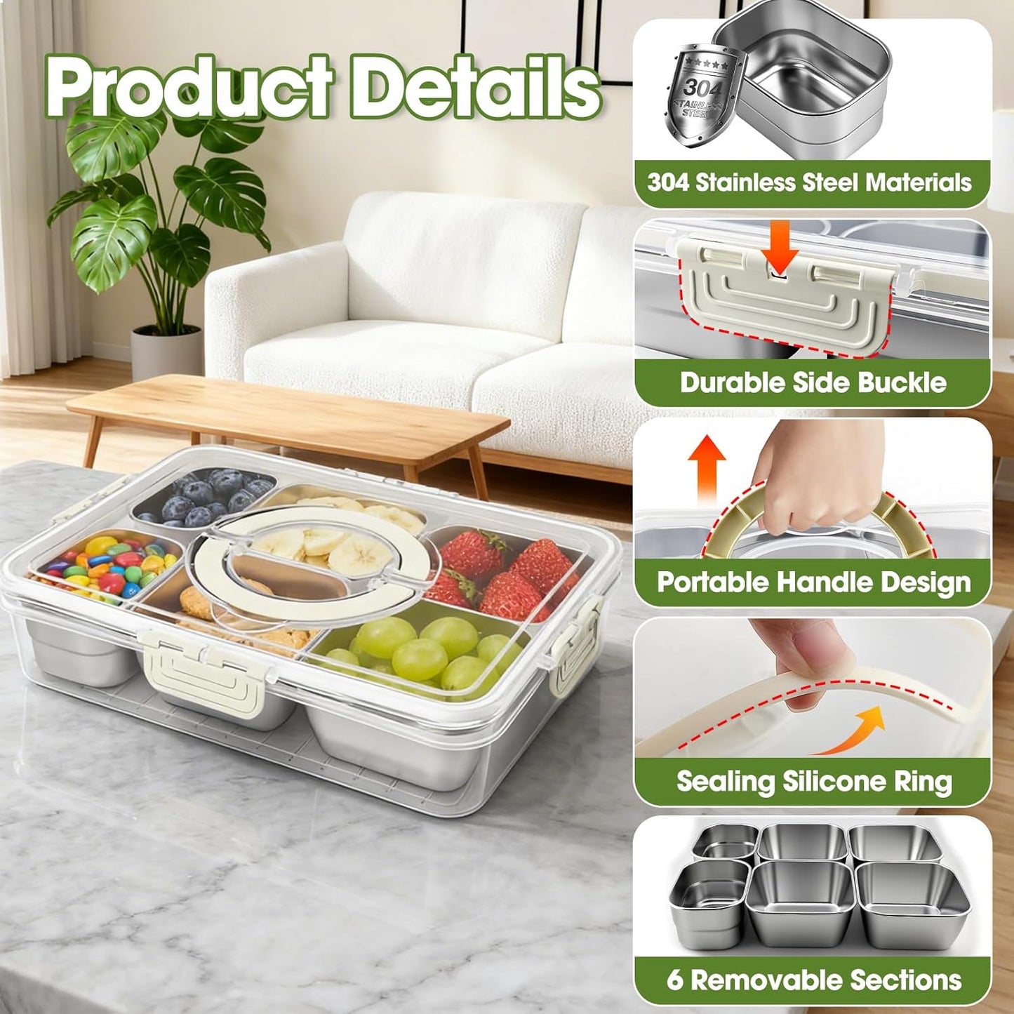 WanshengLe 6 in 1 Snackle Box 3.82L with Lid & Handle, 4 PCS Stainless Steel Snack Box and 2 PCS Plastic Box, 6 Detachable & Dishwasher Safe Snacklebox, Divided Container Box for Snack Fruit Nut