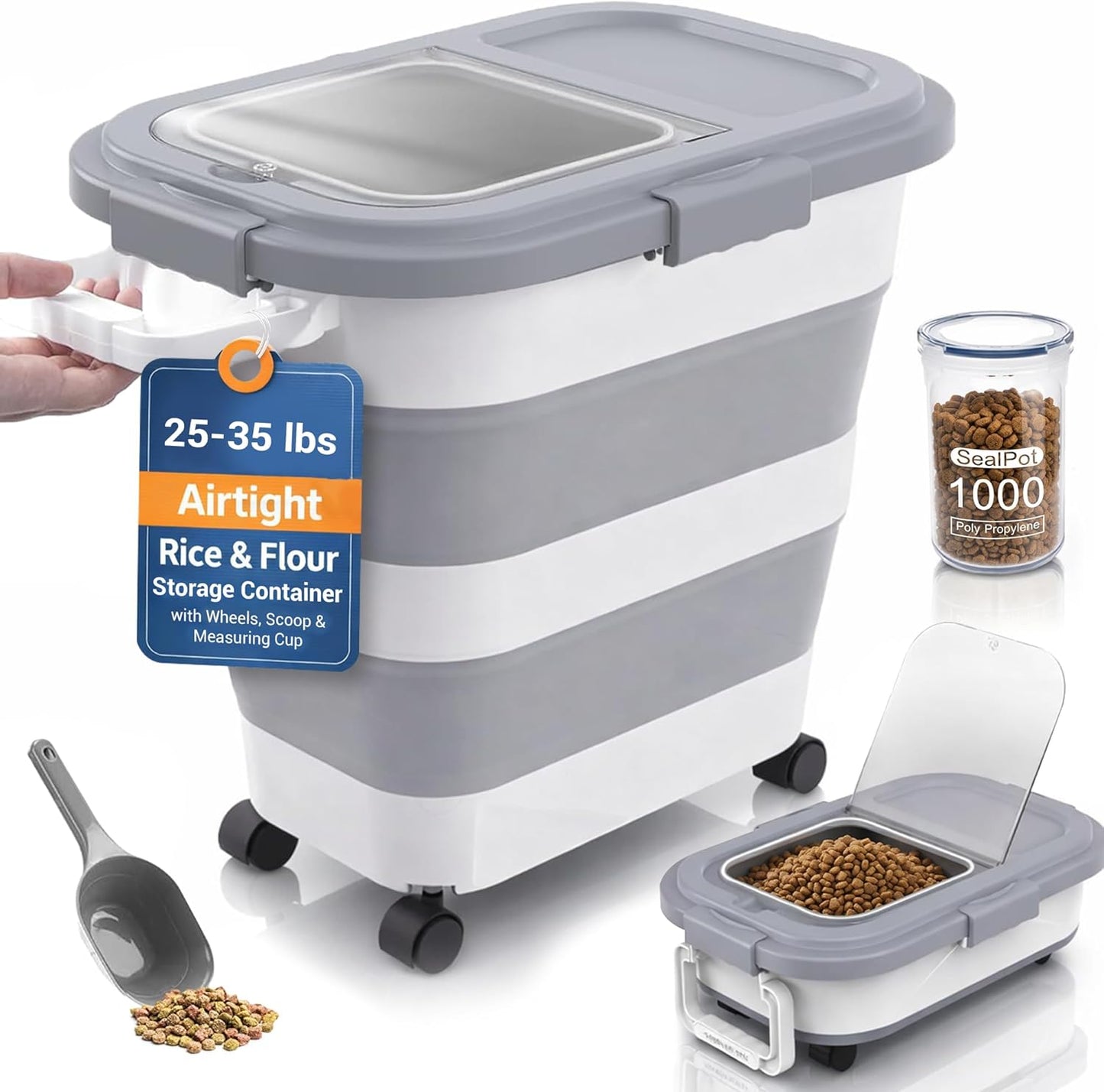 Home & Hearthly Collapsible Rice Storage Container 25–35 lbs, Airtight, Space-Saving Food Storage Bin with Wheels and Measuring Cup, Easy-Pour Grain Dispenser for Rice, Flour and Pet Food